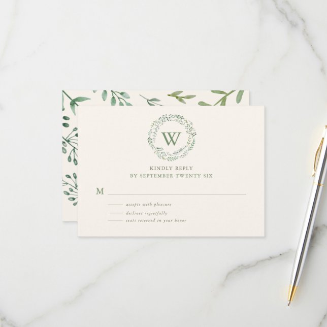 Classy Watercolor Greenerity Wreath Monogram RSVP Karte (Vorderseite/Rückseite Beispiel)