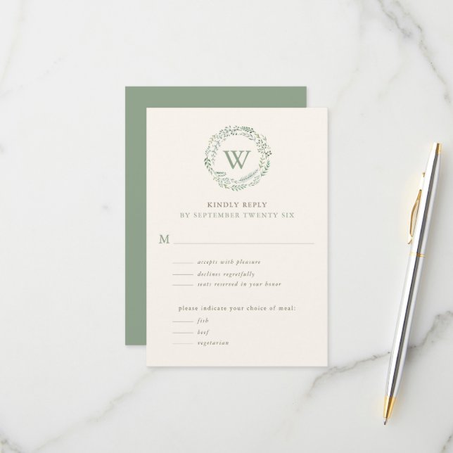 Classy Watercolor Greenerity Wreath Monogram w Mea RSVP Karte (Vorderseite/Rückseite Beispiel)