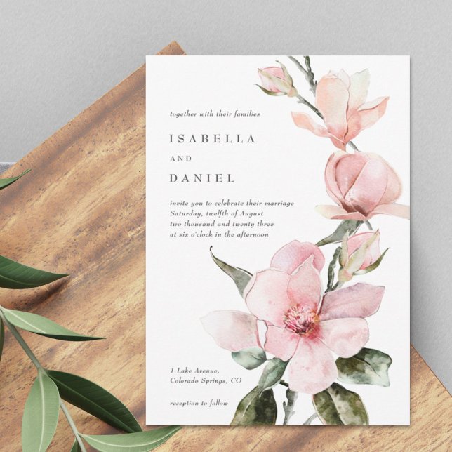 Classy Watercolor Magnolia Hochzeit Einladung (Von Creator hochgeladen)