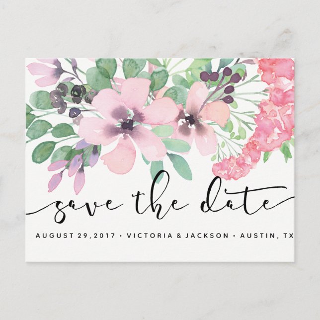 Classy Watercolor Rosa Blume Save the Date Ankündigungspostkarte (Vorderseite)