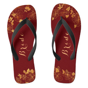 Classy Wedding Bride Deep Burgundy & Gold Foliage Flip Flops