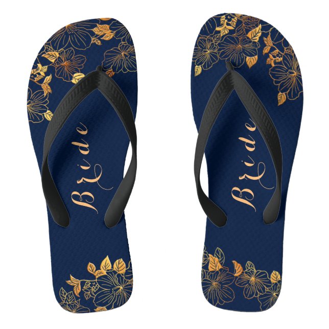 Classy Wedding Bride Deep Gold Foliage Navy Blue Flip Flops (Fußbett)