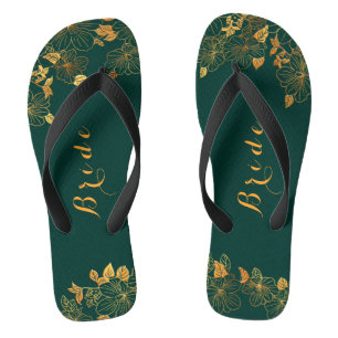 Classy Wedding Bride Emerald Green & Gold Foliage Flip Flops