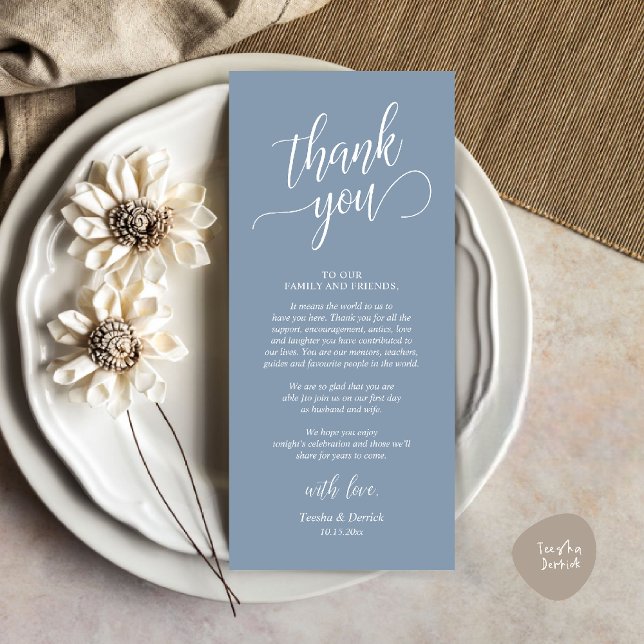 Classy Wedding Dinner Platz Einstellung Danke Kart Programm (Modern Classy Wedding Dinner Thank You Card Reception brunch lunch in dusty blue)