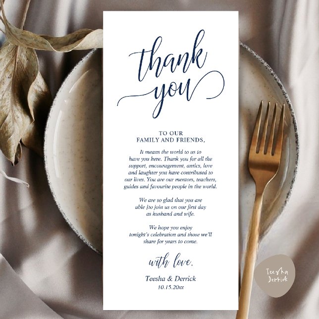 Classy Wedding Dinner Platz Einstellung Danke Kart Programm (Modern Classy Wedding Dinner Thank You Card Reception brunch lunch in Navy Blue)