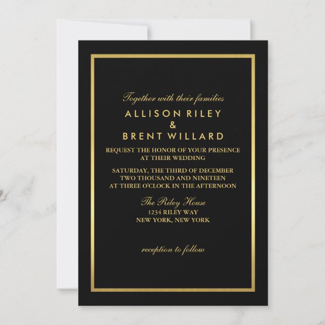 Classy Wedding Invitation Gold Foil Look - Schwarz Einladung (Vorderseite)