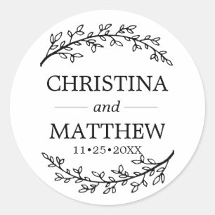 Classy White Black Laurel Branches Wedding Runder Aufkleber