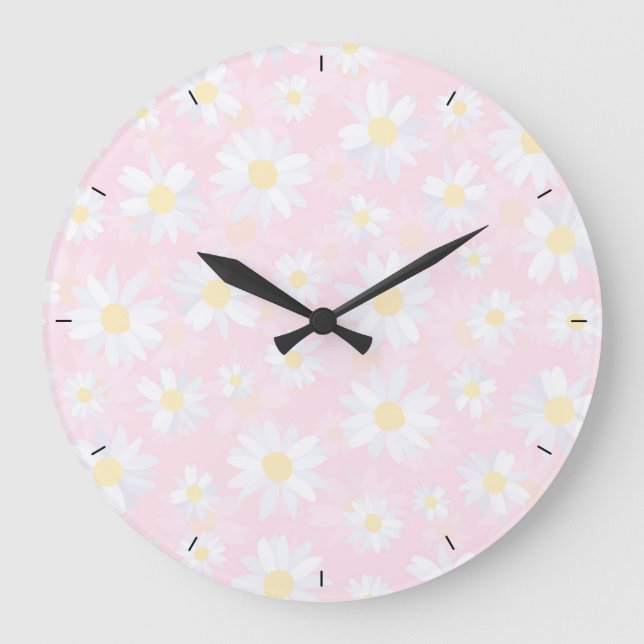 Classy White Daisy Blume Botanisches Pink Design Große Wanduhr (Vorderseite)