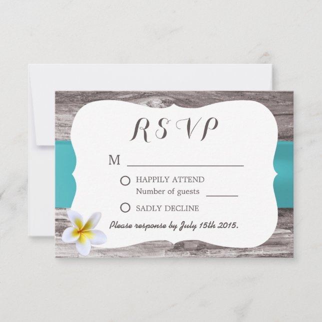Classy White Frangipani Blue Wedding RSVP Karte (Vorderseite)