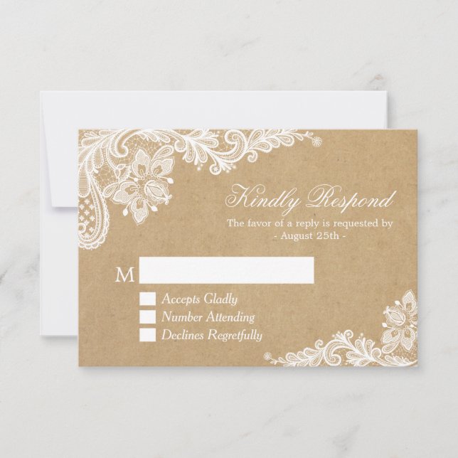 Classy White Lace in Kraft Wedding RSVP Antwort (Vorderseite)