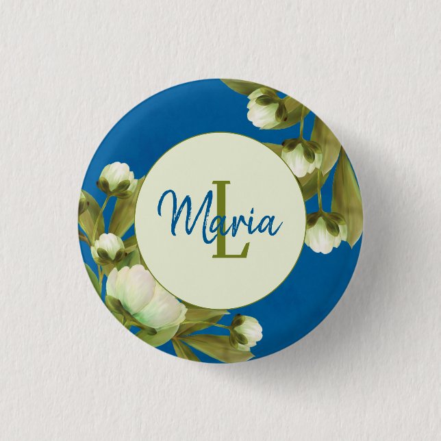 Classy White Peonies Floral Bouquet mit Navy Blue Button (Vorderseite)