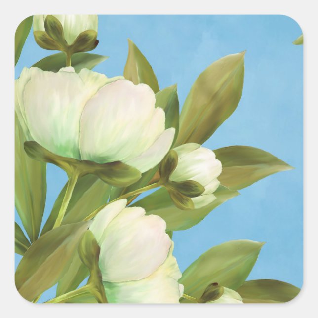 Classy White Peonies Floral Bouquet Quadratischer Aufkleber (Vorderseite)