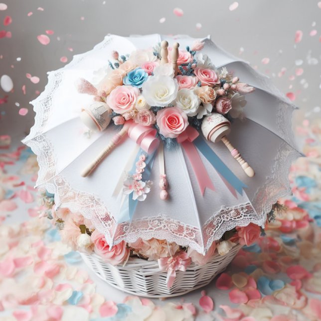 CLASSY WHITE SHOWER UMBRELLA BLUME, BABY RATTLE EINLADUNG (Von Creator hochgeladen)