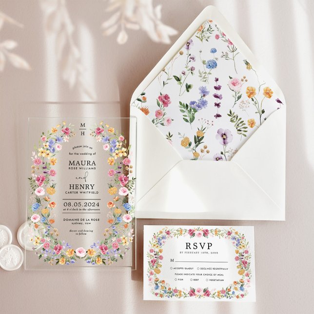 Classy Wildflower Garden Monogram Wedding Acryleinladungen (Von Creator hochgeladen)