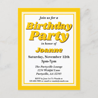 Classy Yellow Adult Birthday Party Einladungspostkarte