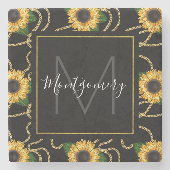 Classy Yellow Sunblumen Stilvolles Muster Monogram Steinuntersetzer (Vorderseite)