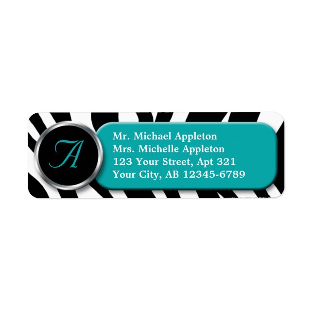 Classy Zebra Print Aquamarin Monogram Address Labe (Vorne)