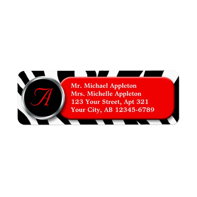 Classy Zebra Print Red Monogram Address Labels (Vorne)