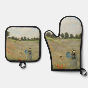 Claude Monet Das Mohnfeld bei Argenteuil Kunst Ofenhandschuh & Topflappen-Set