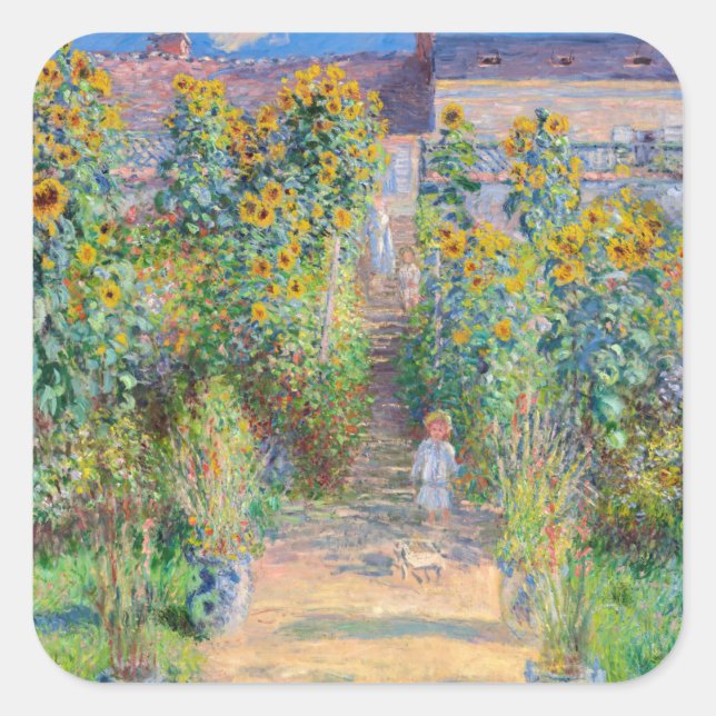 Claude Monet - Der Künstlergarten in Vetheuil Quadratischer Aufkleber (Vorderseite)