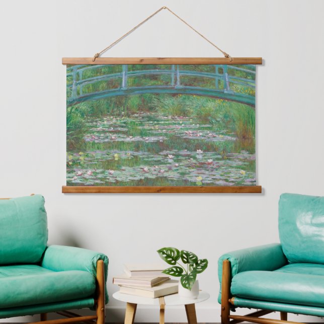 Claude Monet Die japanische Fußbrücke Alte Kunst Wandteppich Mit Holzrahmen (Wohnzimmer)