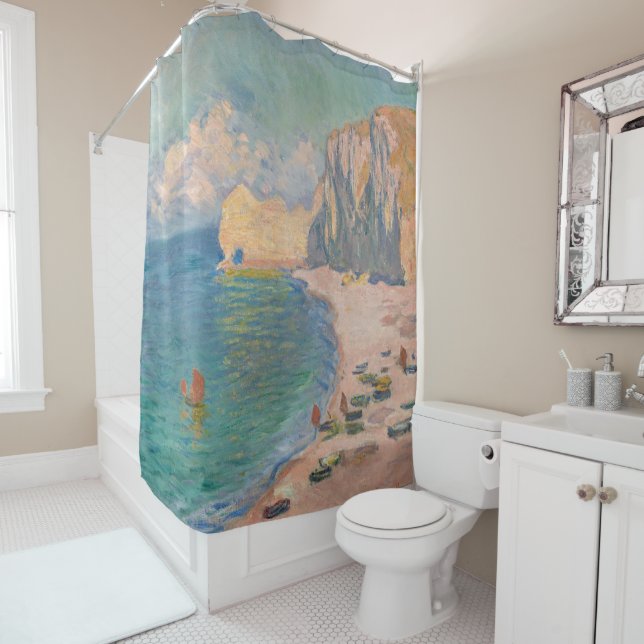 Claude Monet - Etretat: Strand und Falaise d'Betwe Duschvorhang (Beispiel)