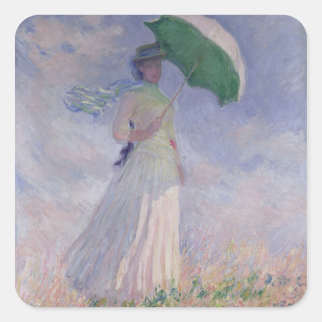 Claude Monet | Frau mit einem Sonnenschirm rechts  Quadratischer Aufkleber (Vorderseite)