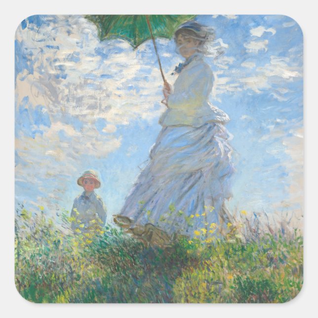 Claude Monet Frau mit Sonnenschirm Quadratischer Aufkleber (Vorderseite)