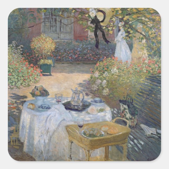 Claude Monet | Mittagessen: Monet's Garden Argente Quadratischer Aufkleber (Vorderseite)