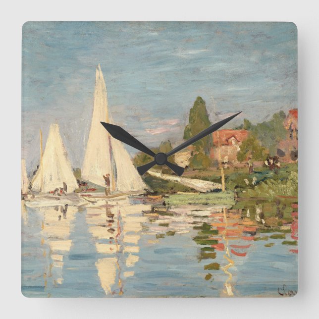 Claude Monet | Regatta at Argenteuil, c.1872 Quadratische Wanduhr (Vorderseite)