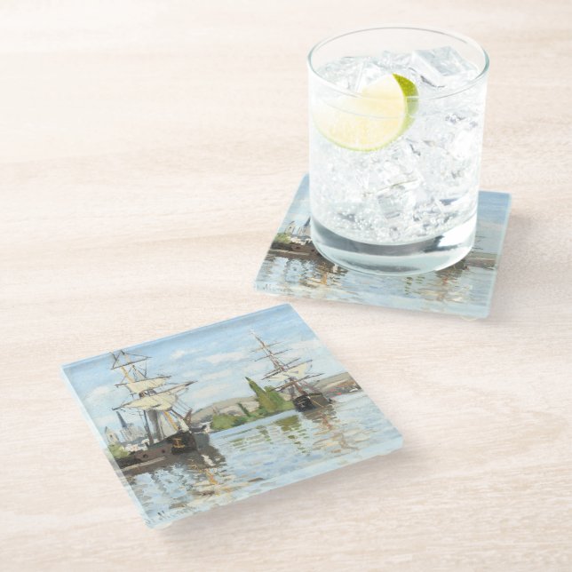 Claude Monet. Schiffe, die auf der Seine in Rouen  Glasuntersetzer (Schrägansicht)