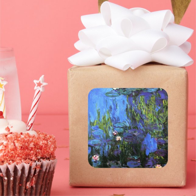 Claude Monet: Water-Lilies, blaues Indigo Quadratischer Aufkleber (Party)