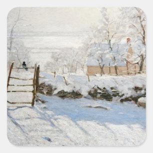 Claude Monets The Magpie Weihnachten Quadratischer Aufkleber