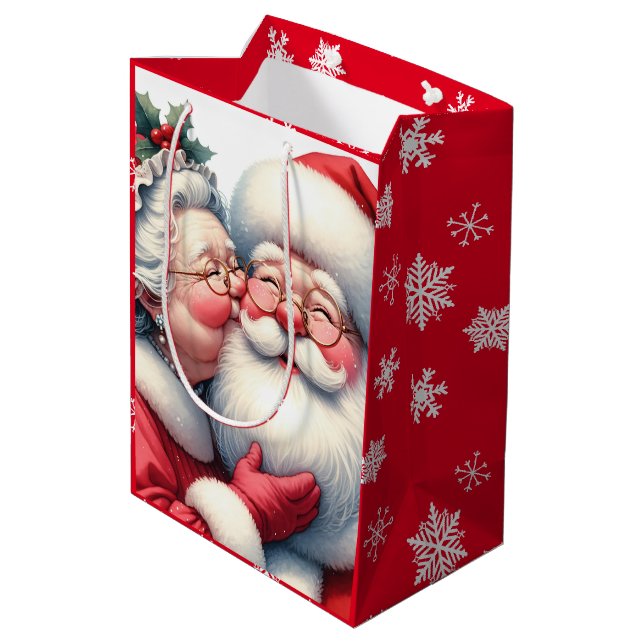 Clause Kissing Santa Niedlich Weihnachten Mittlere Geschenktüte (Rückseite Schrägansicht)