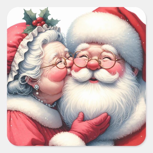 Clause Kissing Santa Niedlich Weihnachten Quadratischer Aufkleber (Vorderseite)