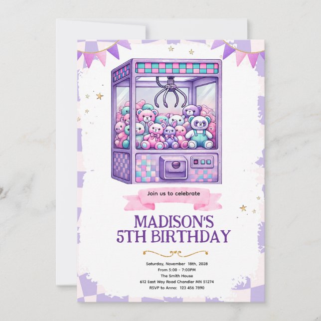 Claw machine arcade party invitation einladung (Vorderseite)