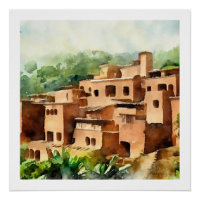 CLAY BRICK DORF ALTE ARCHITEKTUR WATERCOLOR