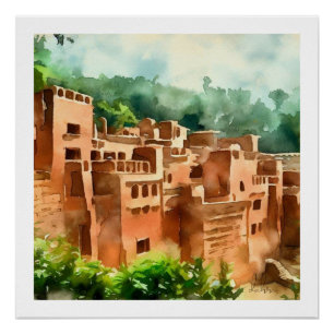 CLAY BRICK DORF ALTE ARCHITEKTUR WATERCOLOR POSTER