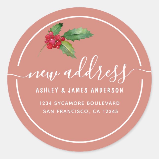 Clay Rose Christmas Holly New Address Seal Runder Aufkleber (Vorderseite)