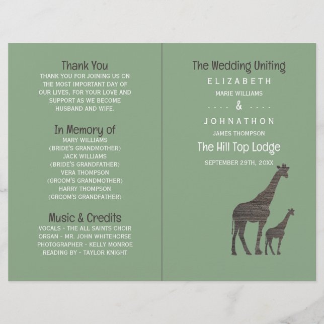 Clay Safari Giraffe, Rustic Wedding Program (Vorderseite)