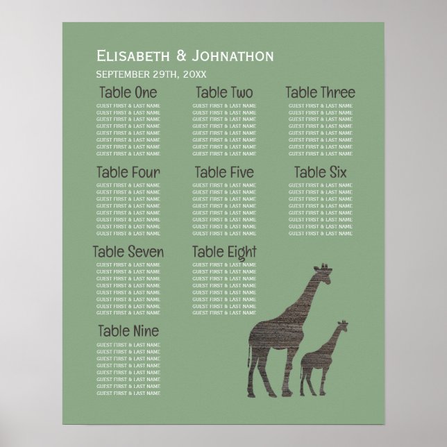 Clay Safari Giraffe, rustikale Hochzeitsstichtabel Poster (Vorne)