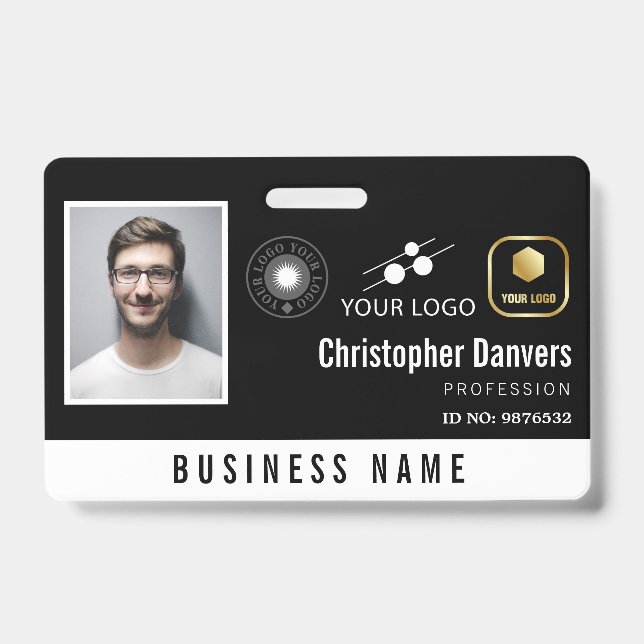 Clean Black Add 3 Logos Office-Mitarbeiter Ausweis (Vorderseite)