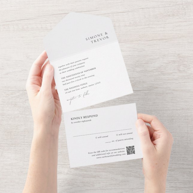Clean Black and White QR Code Modern Wedding All In One Einladung (Abreißen)