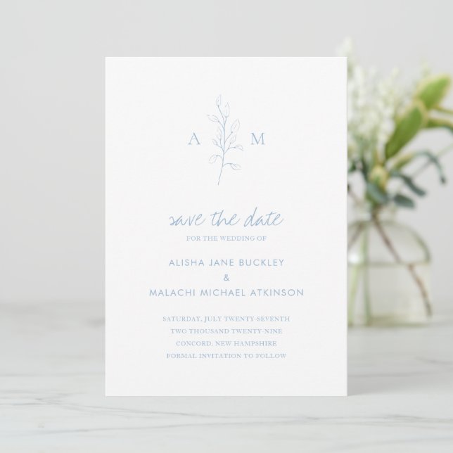 Clean Dusty Blue Botanical Foto Hochzeit Save The Date (Stehend Vorderseite)