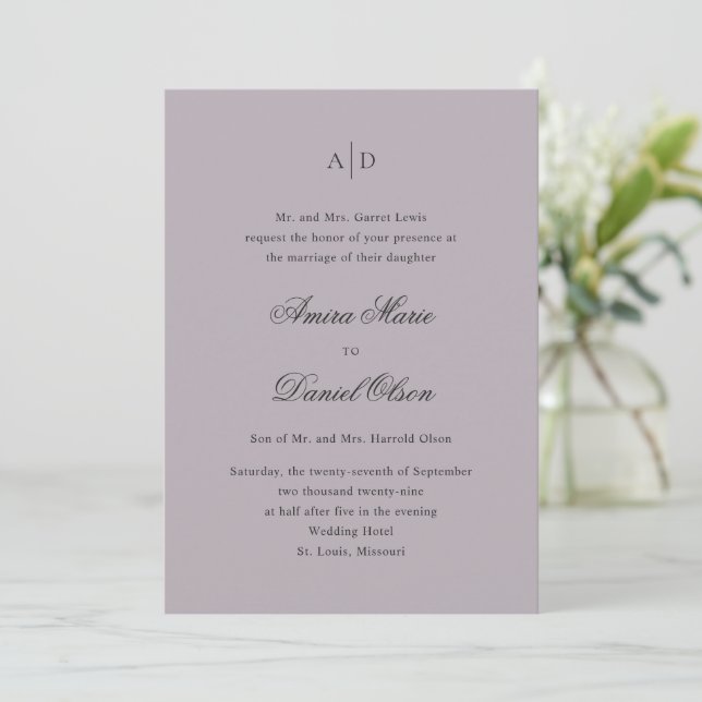 Clean Dusty Lilac Classic Wedding Einladung (Stehend Vorderseite)