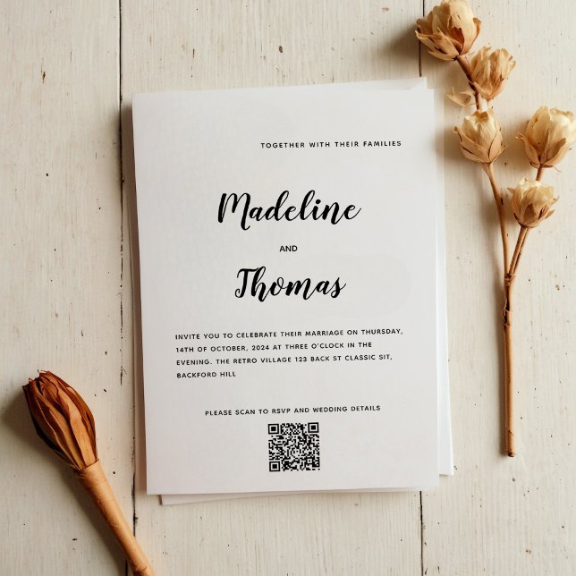Clean Elegant Calligraphy Foto QR Code Hochzeit Einladung (Von Creator hochgeladen)