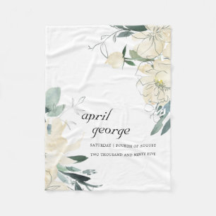 CLEAN ELEGANT IVORY WHITE GREEN FLORAL WATECOLOR FLEECEDECKE