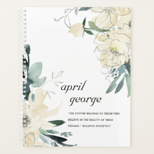 CLEAN ELEGANT IVORY WHITE GREEN FLORAL WATECOLOR PLANER