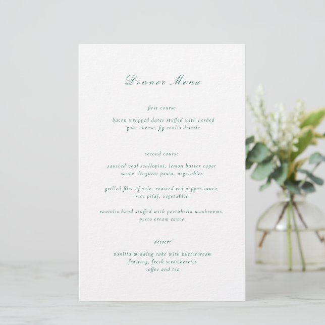 Clean Emerald Green Elegant Wedding Menu (Stehend Vorderseite)