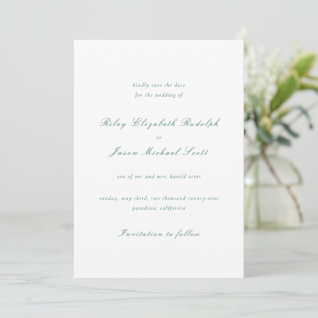 Clean Emerald Green Elegant Wedding Save The Date (Stehend Vorderseite)